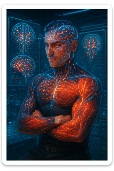 "Neuroscientist using advanced visualization to reprogram muscle development pathways, brain scans showing neural networks firing to stimulate muscle growth, expression of scientific breakthrough, his body responding to optimized mental training protocols, muscle memory being created without physical movement, consciousness hacking biological systems for muscle development" sticker