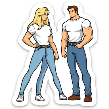 Two people together, a 35 year-old tall muscular man with brown hair and a shorter blonde woman long hair also very good shape getting married next month. I don’t want them in wedding garb jeans and a T-shirt that show off their bodies would be best. sticker