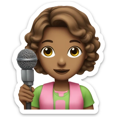brown haired girl with green eyes wearing pink with a microphone  sticker