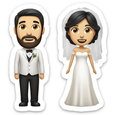 a bride and groom emoticon of a dark-haired woman with loose hair and a dark-haired man with a beard and white skin sticker