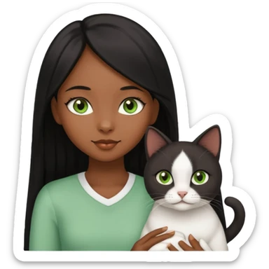 black girl with brown eyes with straight long black hair with a side part.  holding a female white cat with green eyes sticker