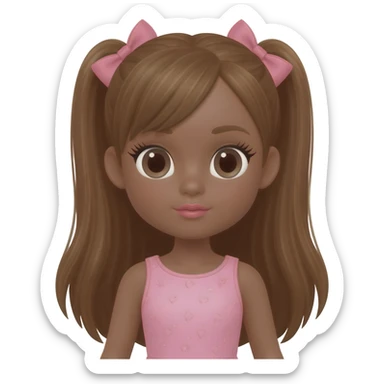 Doll with dark blonde skin with long brown hair with pink bows, lashes, cute lips sticker