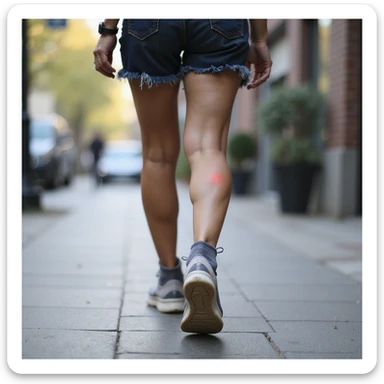 woman walking limping, evident pain in foot and knees, orthotic in shoe, realistic style, urban environment sticker