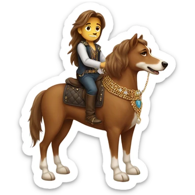 brown long hair boy with jewelry riding a dog like a horse  sticker
