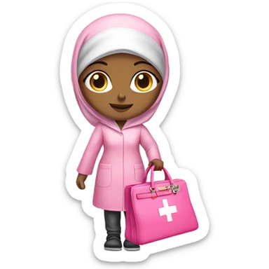 a girl wearing hijab, and wearing a medical scrub holding a luxury pink birkin bag sticker