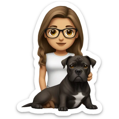 girl with long brown hair and beige glasses with a black american bully dog has a white belly sticker