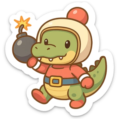 A crocodile styled as a classic Bomberman character, with a cartoonish body, helmet, and bomb accessories, in a playful and vibrant style sticker