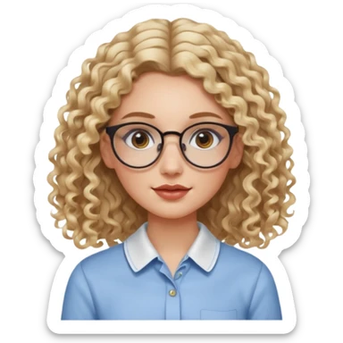 cute white girl with not volominous VERY LONG blonde curly hair with balayage, brown eyes, full lips, natural clean girl makeup and hoop earrings and square glasses, collared shirt sticker