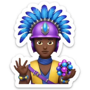 Generate an image of a night with a blue rounded feather on his helmet. He has a big night with balls as hands which have purple obsidian spikes on them. He also has a blue belt with yellow spikes on it. He also has purple glowing eyes. sticker