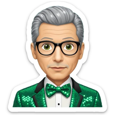 Jeff Goldblum with gray hair, dark green sequin suit with bow tie sticker