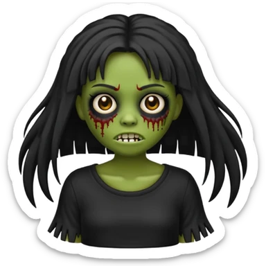 Um emoji de uma menina zombie de blusa branca num fundo preto de cabelo longo e preto e franjinha sticker
