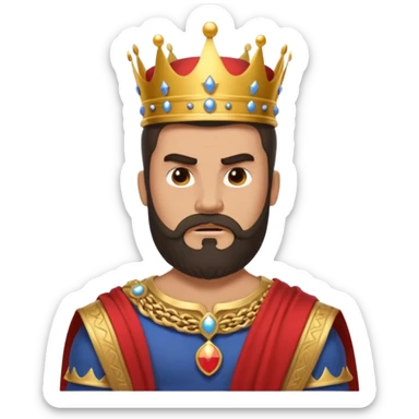 vull un perosnatge estil bimoji que sigui alt i fort amb una musculatura marcada i poderosa. Té una barba espessa i el cabell arriba fins a l'alçada del coll. Se'l representa amb la indumentària real i una corona al cap. Que tingui cara d'enfadat. sticker
