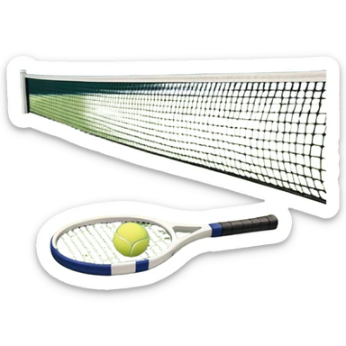 A tennis racket and a ball placed on the ground, with a tennis court in the background. The court lines and net are visible, emphasizing the structure and focus of the sport, creating a dynamic and energetic vibe. sticker
