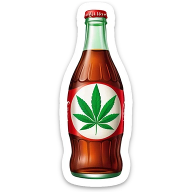 Classic Coca-Cola shaped glass bottle with curved contours, red color, with a cannabis leaf sticker