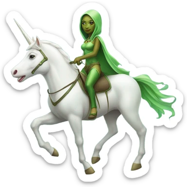a green amazon alien woman on a four-legged white unicorn sticker