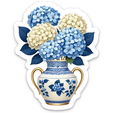 Blue and white floral vase with gold handle, with white hydrangeas stem and blue hydrangeas stems sticker