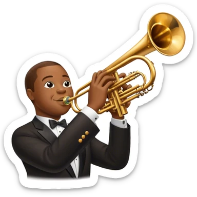 Icon for Jazz Music: Louis Armstrong with his trumpet in front of a jazz orchestra. Include musical instruments like a saxophone, trumpet, and piano, with floating musical notes around. The design should capture the smooth and soulful vibe of jazz. Transparent background. sticker