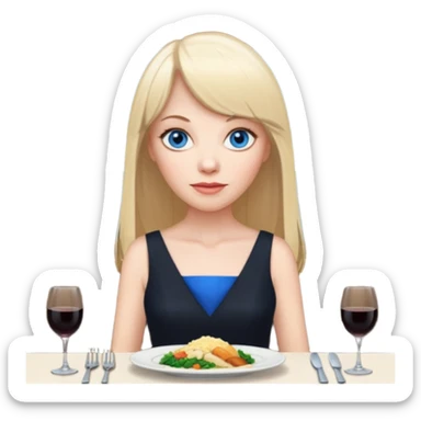 45 yr old white woman, pale skin, long straight blond hair parted in center, blue eyes, bangs, clothes for dinner sticker