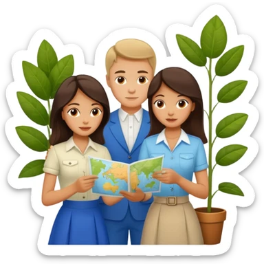 Russian man and elegant Latina girl in cute outfits with a map planning plants sticker
