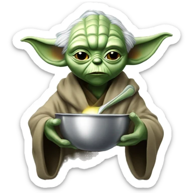 Yoda holding a silver spoon in front of his face heating the bottom With a lighted sticker