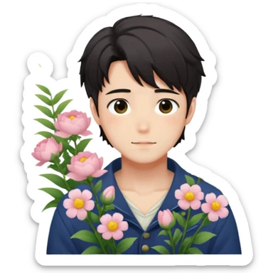 Gorgeous bright sparkly romantic anime style guy with blushing face and flowers aesthetic cottagecore trending style outside sticker