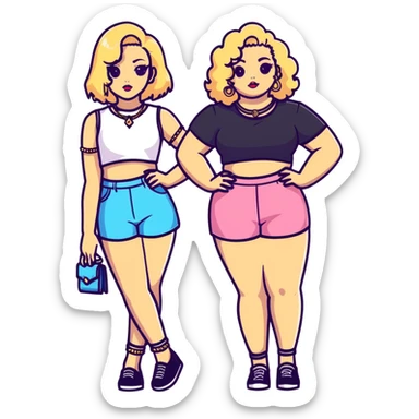 Full body of two teenage girls standing together, one white with straight blonde hair and one brown-skinned with curly dark hair, both with heavy makeup, big lips, crop tops, gold jewelry and flashy choni style outfits sticker