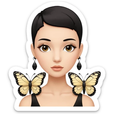 Lady with black buzz cut hair and lashes wearing 4 black earrings holding white butterfly sticker