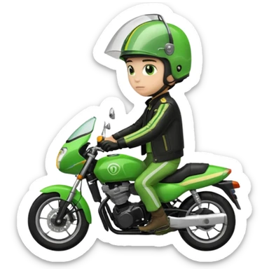 ojek online driver, using motorbike, the helmet is green. green jacket, not green motorbike (maybe a black jacket with green stripes just a little) then please make the driver not looking at "camera". the first one is good. but can you make the driver just look at the road not looking at me sticker