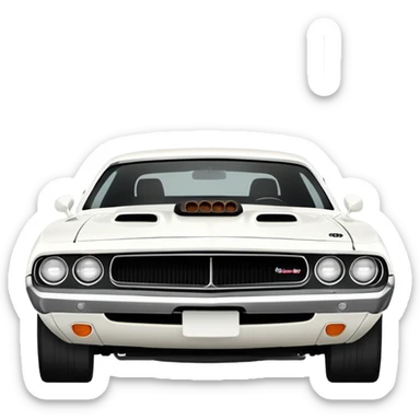 All-white 1971 Dodge Challenger from Tarantino's Death Proof, stylized iOS emoji look, clean white finish, iconic muscle car silhouette, simplified details sticker