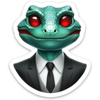 Aquamarine reptilian in classic black suite with red laser eyes on the middle of platinum coin sticker