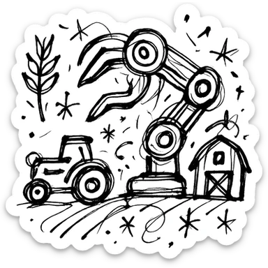 chaotic black outlined icon of a robotic arm used on a farm, with mechanical joints and a claw, surrounded by small farm elements like wheat, a tractor, and a barn sticker