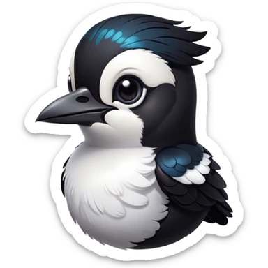 Cinematic Cute Magpie Portrait Emoji, Head tilted playfully and inquisitively, featuring a compact, elegant form with glossy, contrasting black and white feathers and round, sparkling eyes full of playful charm, Simplified yet irresistibly adorable features, highly detailed, glowing with a warm, inviting glow, high shine, affectionate and lively, stylized with a touch of whimsical urban flair, soft glowing outline, capturing the essence of a mischievous yet endearing magpie that seems as if it could flit out of the screen into your arms! sticker