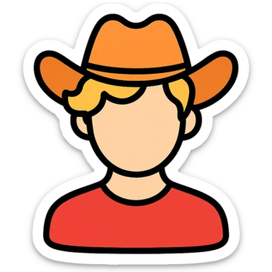 color outline icon of young man with wavy blonde hair, blank face, orange cowboy hat sticker