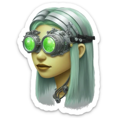 Light green long hair female cyborg head with silver steampunk goggles as a headband, circuits sticker