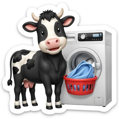 cartoon Friesian cow loading laundry into a washing machine sticker