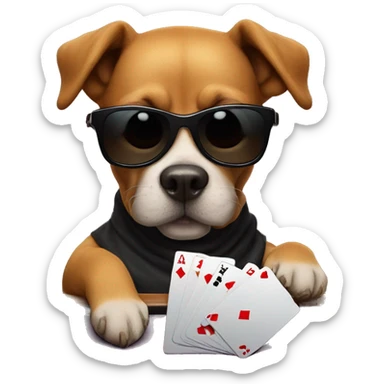 Dog playing poker at poker table, wearing shades, holding 2 cards sticker