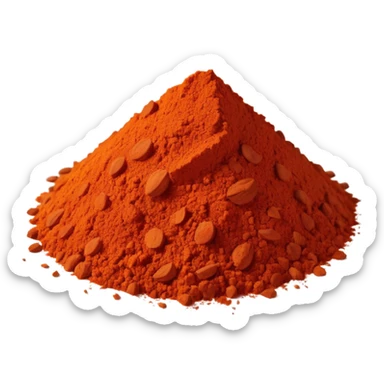 small scatter or mound of vibrant red-orange spice powder with slightly coarse flaky texture and matte finish, warm earthy color suggesting sun-dried peppers ground into fragrant flavorful dust, no bowl spoon or garnish, soft lighting, subtle shadows, emoji scale sticker