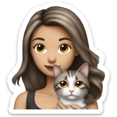 Beautiful brown haired tattooed woman holding gray and white striped long hair cat sticker