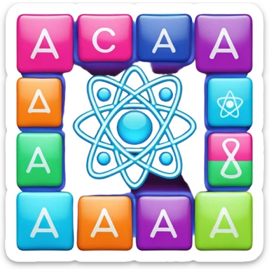 Generate 8 unique emoji-style icons representing chemical element tiles, atomic symbols, colorful science grid blocks, and laboratory chemistry themes. sticker