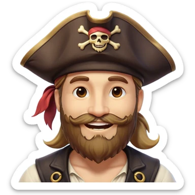 Clash of Clans aesthetic Cheerful Pirate Portrait Emoji, With a bright, confident smile and a relaxed yet adventurous posture, showcasing a stylized, rugged build with a classic pirate hat and a neatly groomed beard, his face in natural skin tone, Simplified yet expressive features, highly detailed, glowing with a soft, luminous maritime radiance, high shine, upbeat and daring, stylized with an air of classic swashbuckler allure, soft glowing outline, capturing the essence of a cheerful pirate ready to chart epic voyages! sticker