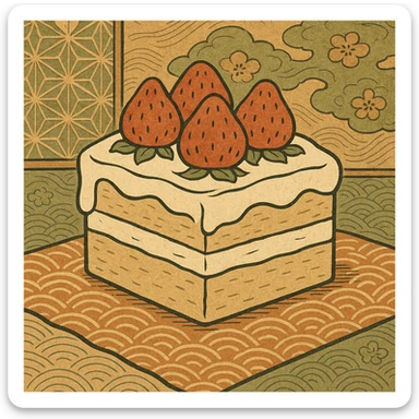 white cake with strawberries on top, ukiyo-e style sticker