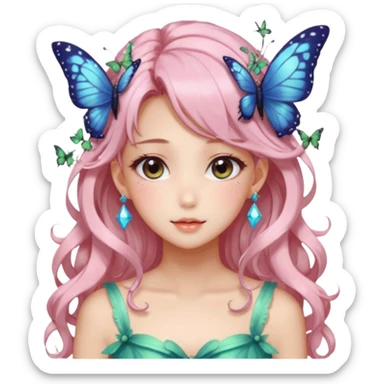 gorgeous shiny blushing anime lady with butterflies and beautiful hair fairycore high quality detailed vogue trending aesthetic sticker