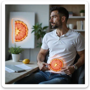 Italian man sitting at a nutritionist's office, pointing to the abdominal area; transparent illustration highlighting adipose tissue and metabolic pathway of weight loss, realistic style, vertical 9:16 aspect ratio sticker