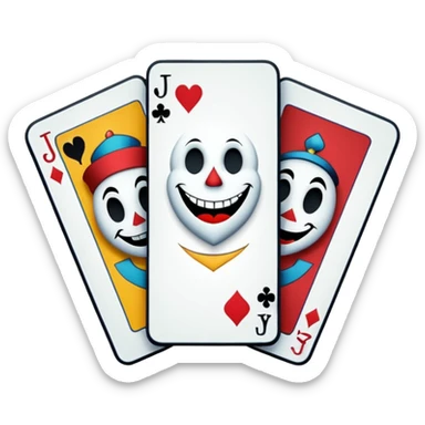 3 poker cards, with crazy colorful human jolly jokers inside, inversed face, cuphead style sticker