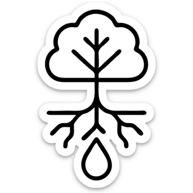 Tree with roots connecting to a water droplet, symbolizing environmental care and commitment sticker