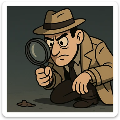 a private eye with a coat and hat, inspecting a clue with a loupe, mysterious atmosphere, cartoon style sticker