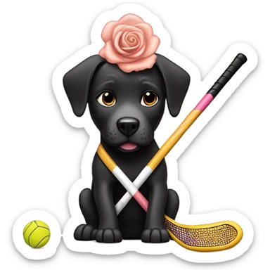 Black lab pitbull mix playing field hockey with a rose gold field hockey stick sticker