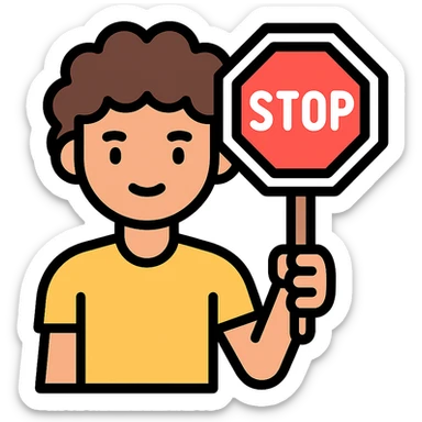 brunette person with curly hair holding a stop sign, color outline icon sticker