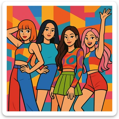 Blackpink, K-pop group, group pose, colorful music video outfits, dynamic, vibrant toon style sticker