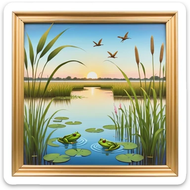 Cinematic Realistic Wetlands Emoji in a wooden frame, Peaceful and serene, with tall grasses swaying in the breeze and soft, muddy waters reflecting the sky above. Small birds and insects flit among the reeds while lily pads float lazily across the surface, punctuated by the occasional croak of a frog or splash of a fish. Soft glowing outline, capturing the essence of a calm, tranquil wetland brimming with life and natural beauty. sticker